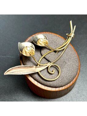 Scroll Design Floral Brooch Gold Over Sterling Silver 925 Size 2.5'' Length